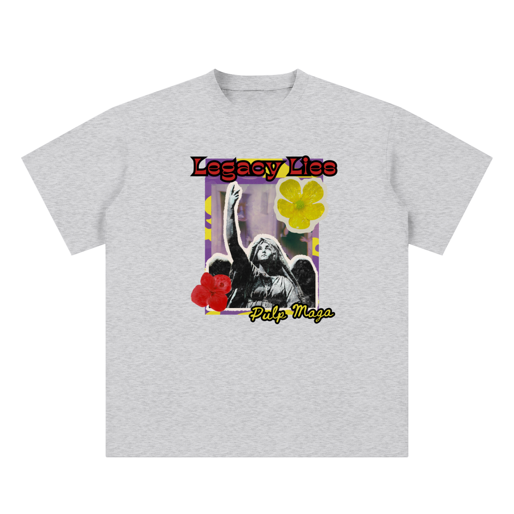 propaganda t-shirt front view in flower gray with Legacy Lies graphic on unisex sueded cotton tee