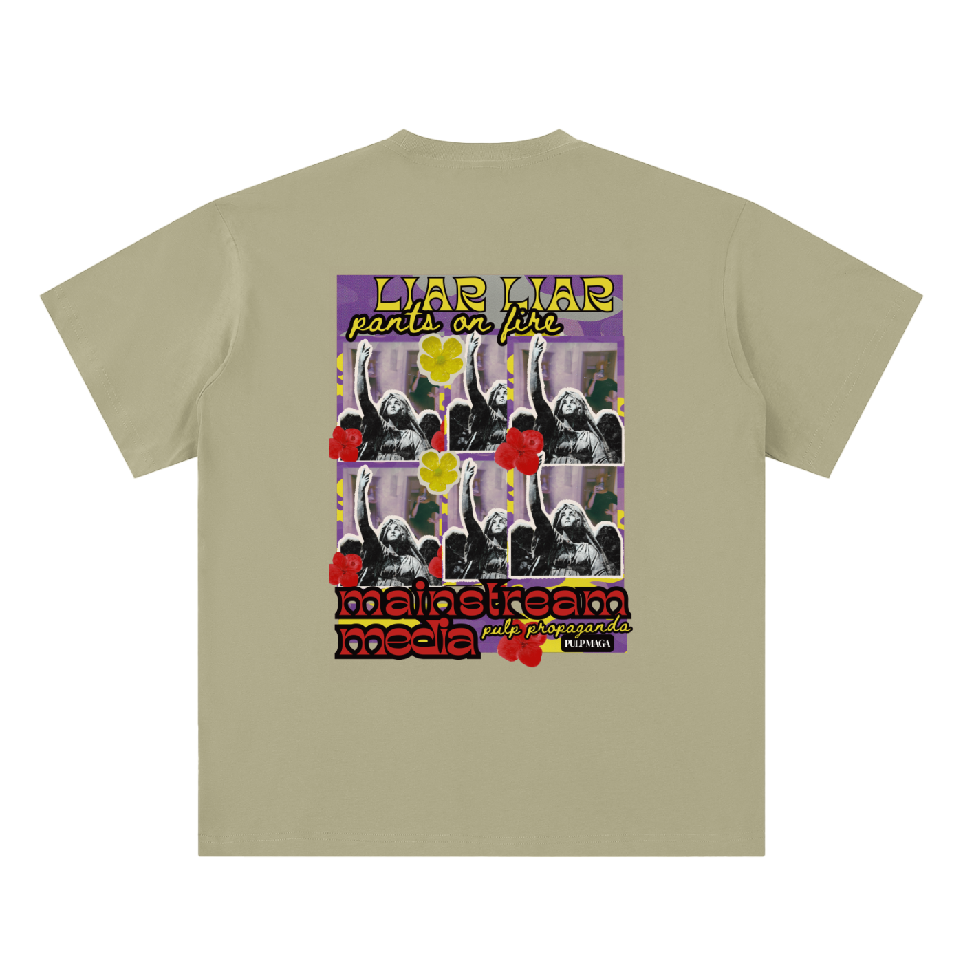 propaganda t-shirt front view in gray coffee with Legacy Lies graphic on unisex sueded cotton tee