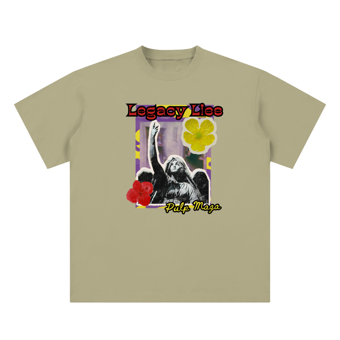 propaganda t-shirt front view in gray coffee with Legacy Lies graphic on unisex sueded cotton tee