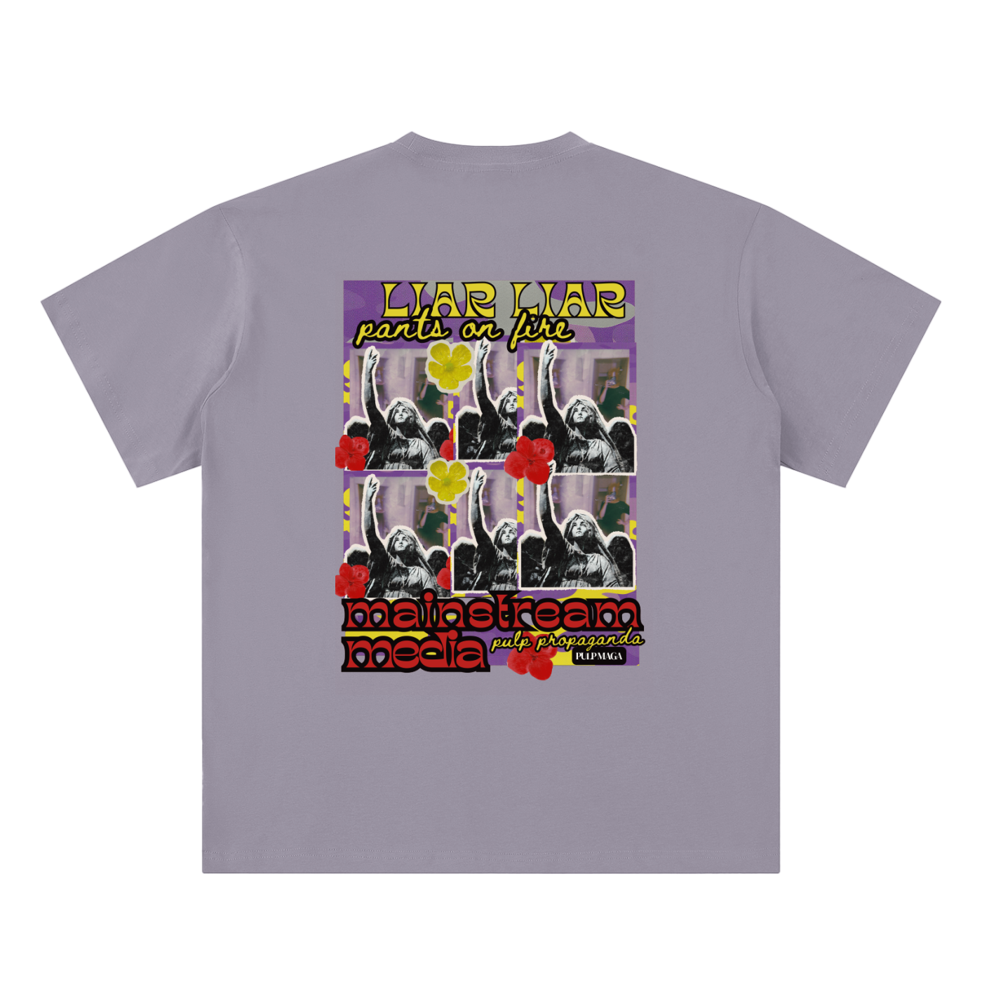 propaganda t-shirt back view in gray purple featuring Legacy Lies back graphic on sueded cotton