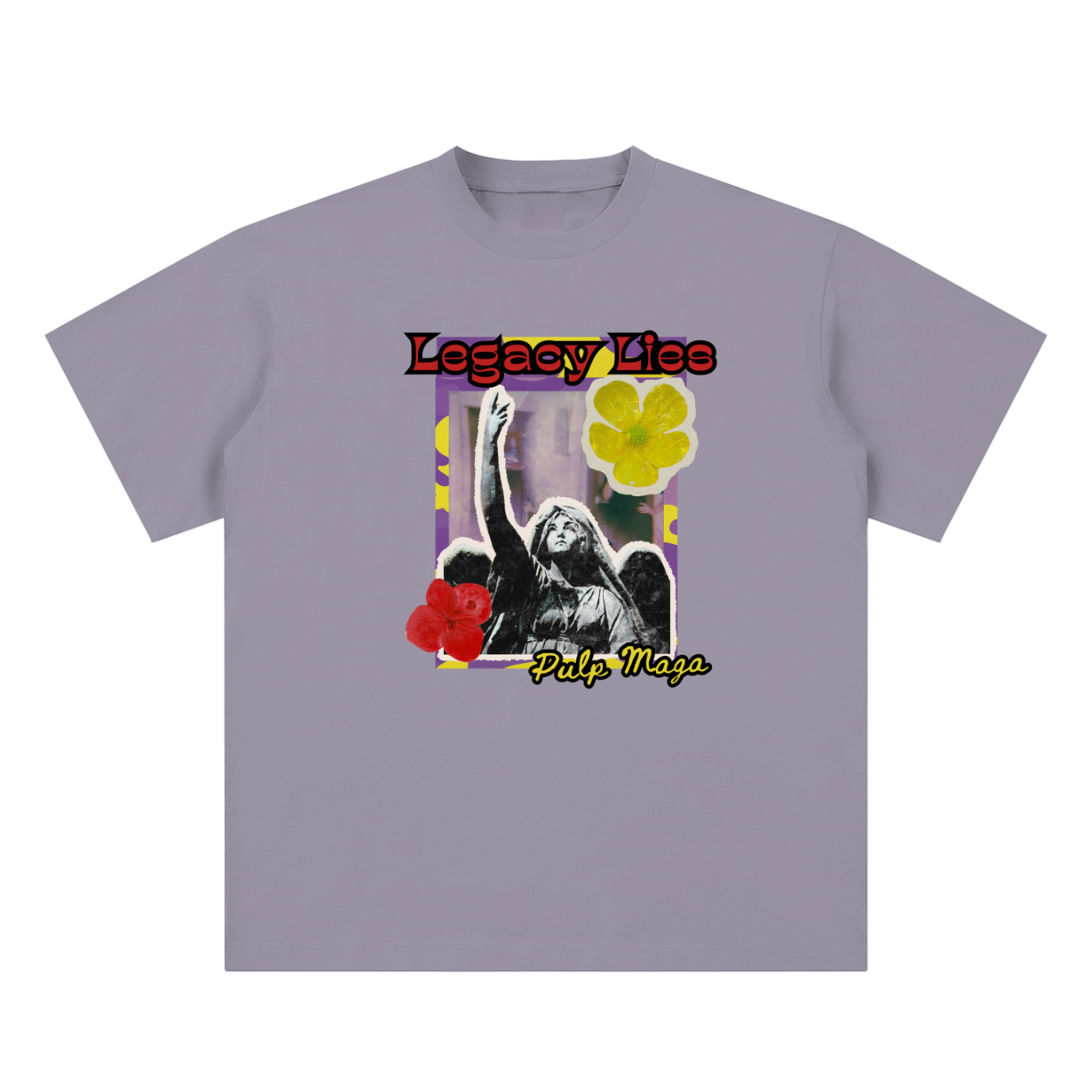 propaganda t-shirt front view in gray purple with Legacy Lies graphic on unisex sueded cotton tee