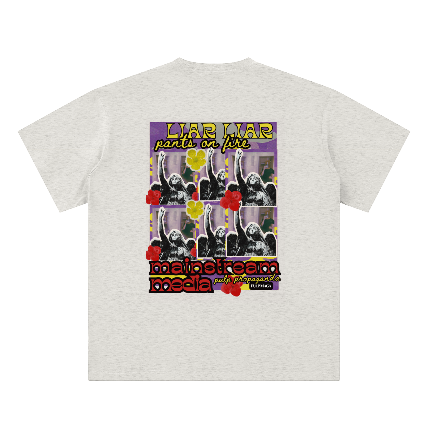 propaganda t-shirt back view in oat gray featuring Legacy Lies back graphic on sueded cotton