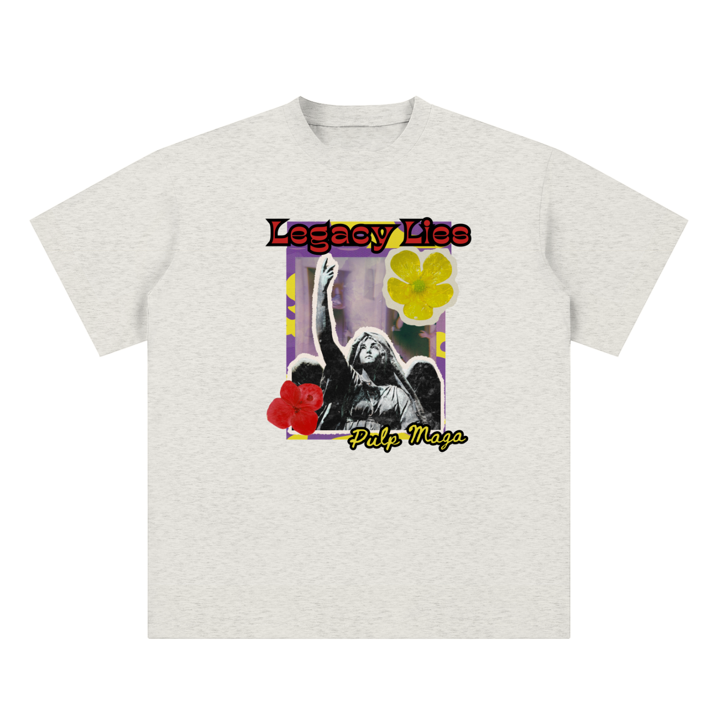 propaganda t-shirt front view in oat gray with Legacy Lies graphic on unisex sueded cotton tee