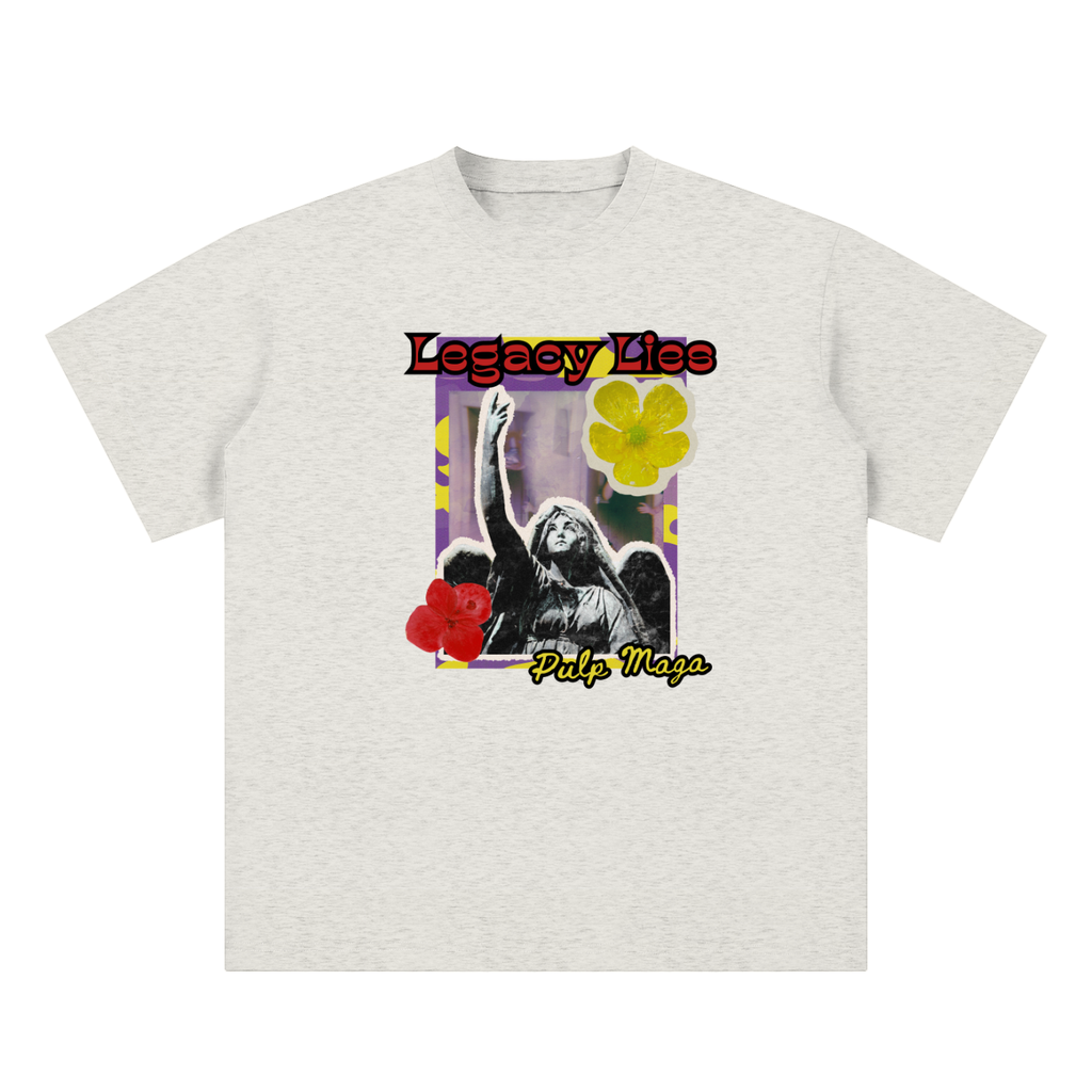 propaganda t-shirt front view in oat gray with Legacy Lies graphic on unisex sueded cotton tee