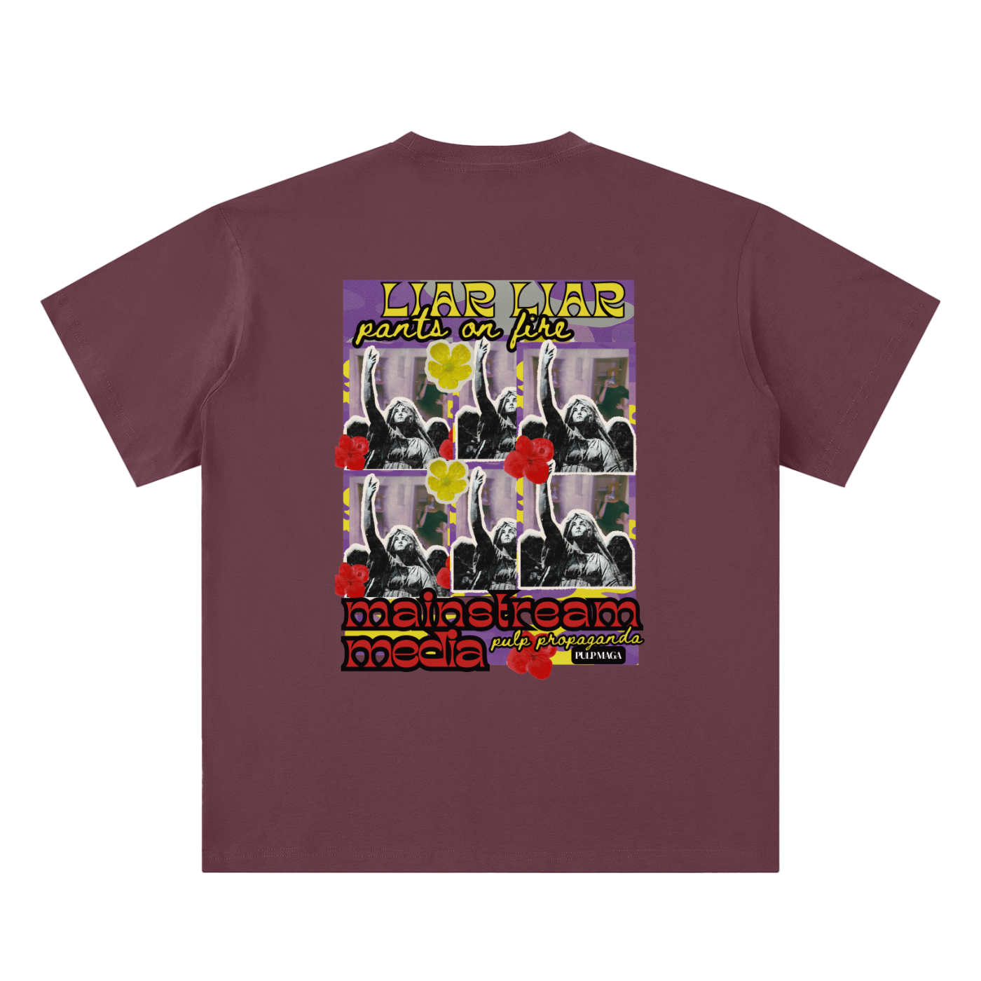 propaganda t-shirt back view in plum purple featuring Legacy Lies back graphic on sueded cotton