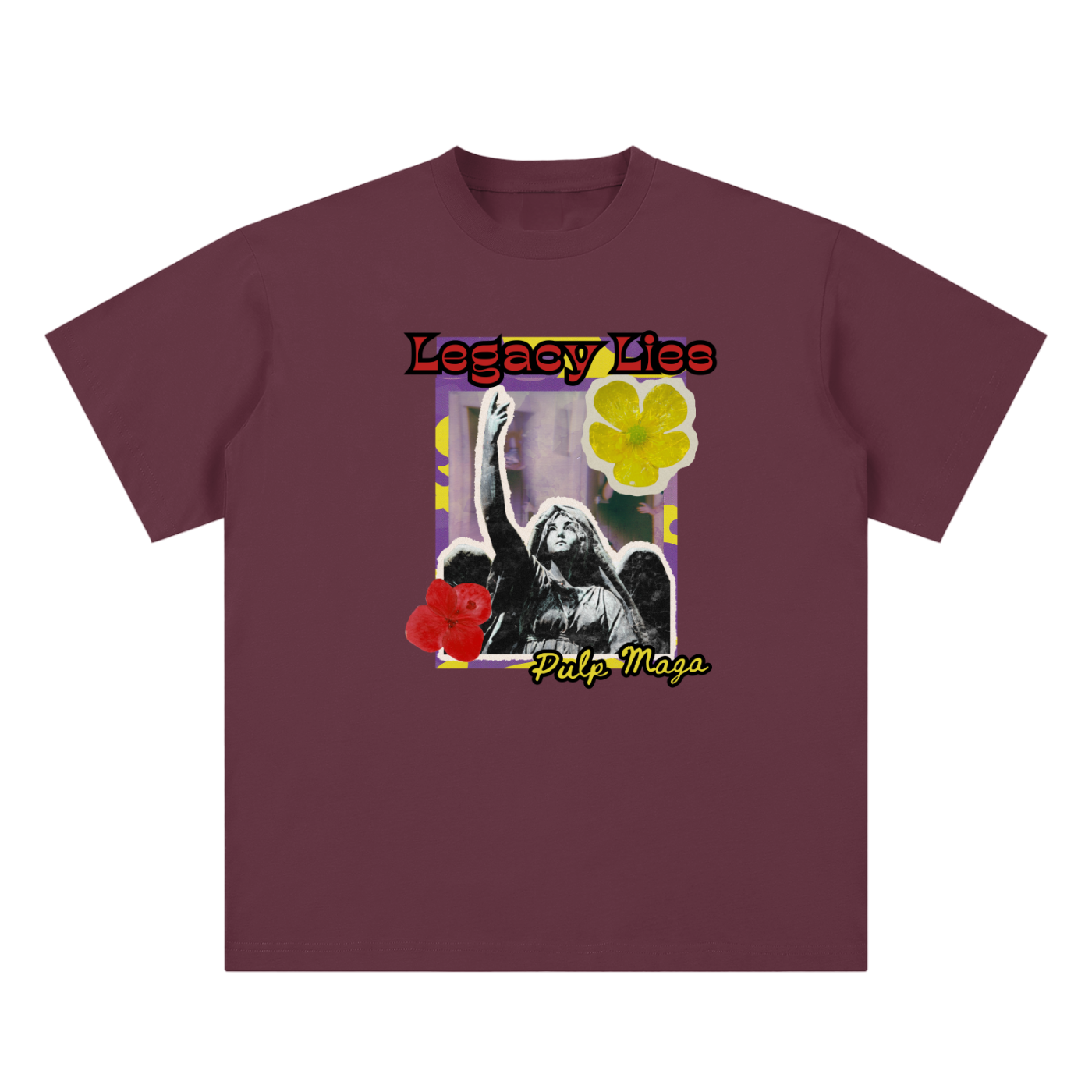 propaganda t-shirt front view in plum purple with Legacy Lies graphic on unisex sueded cotton tee
