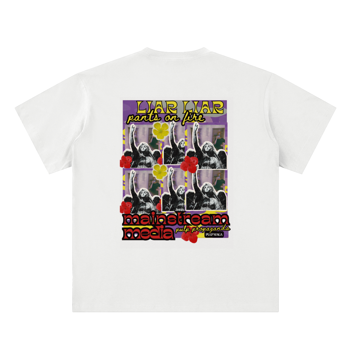 propaganda t-shirt back view in white featuring Legacy Lies back graphic on sueded cotton