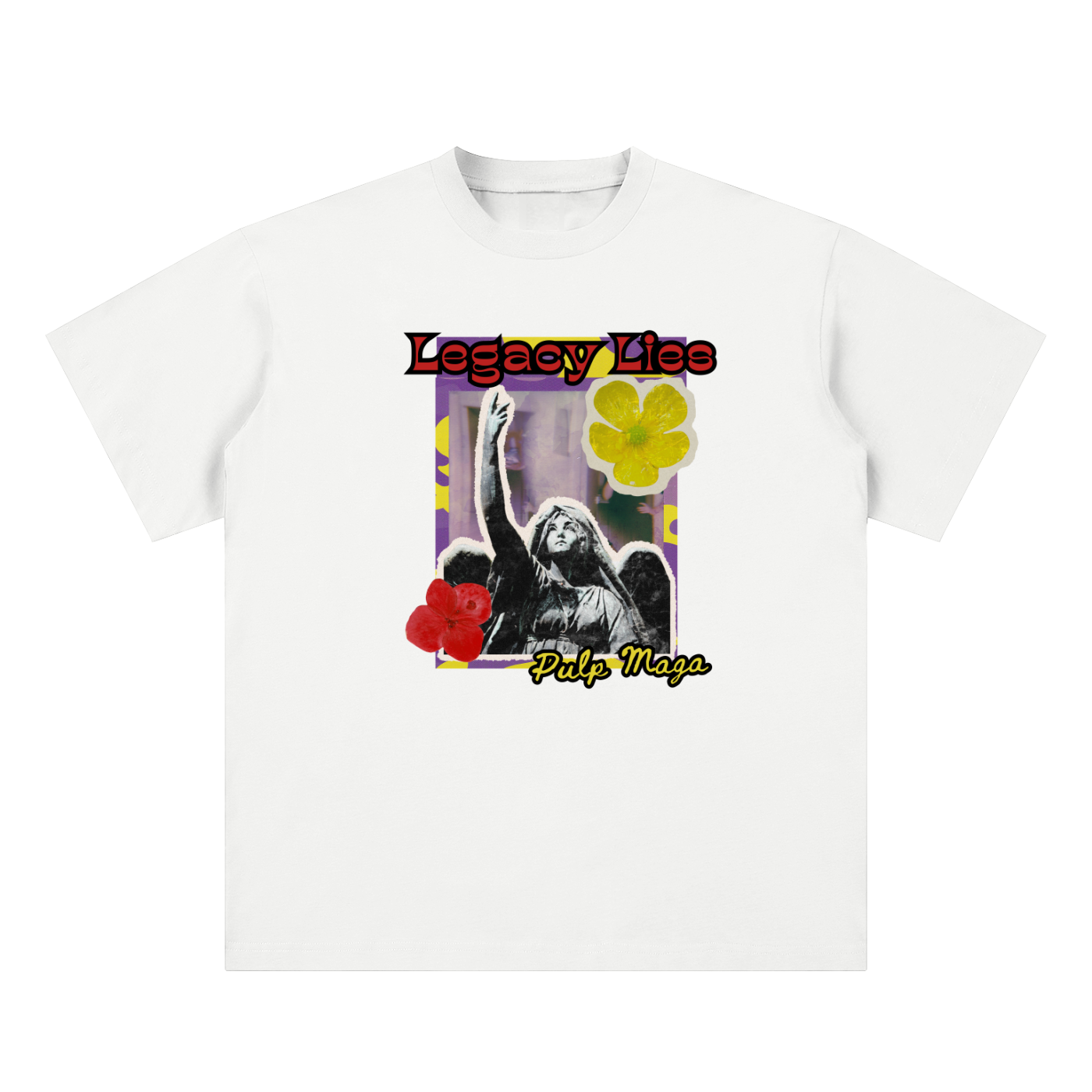 propaganda t-shirt front view in white with Legacy Lies graphic on unisex sueded cotton tee