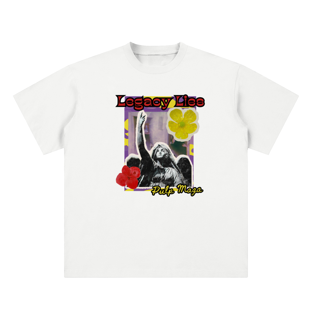 propaganda t-shirt front view in white with Legacy Lies graphic on unisex sueded cotton tee
