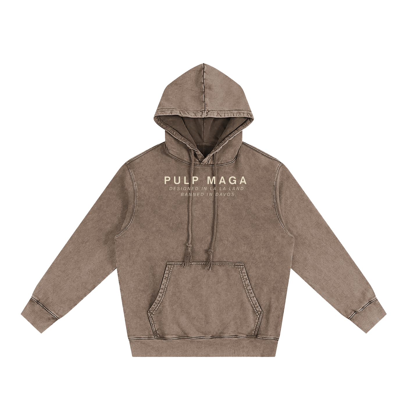 minimal fear of god hoodie with maga logo iand banned in davos text cream on brown