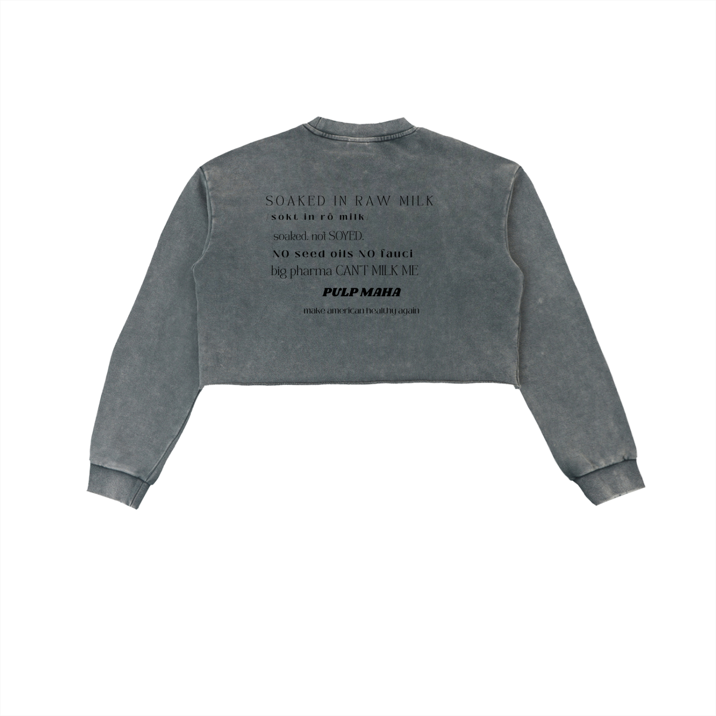 grey cropped sweater for women with minimal text and no seed oils no fauci aesthetic print in minimal letters