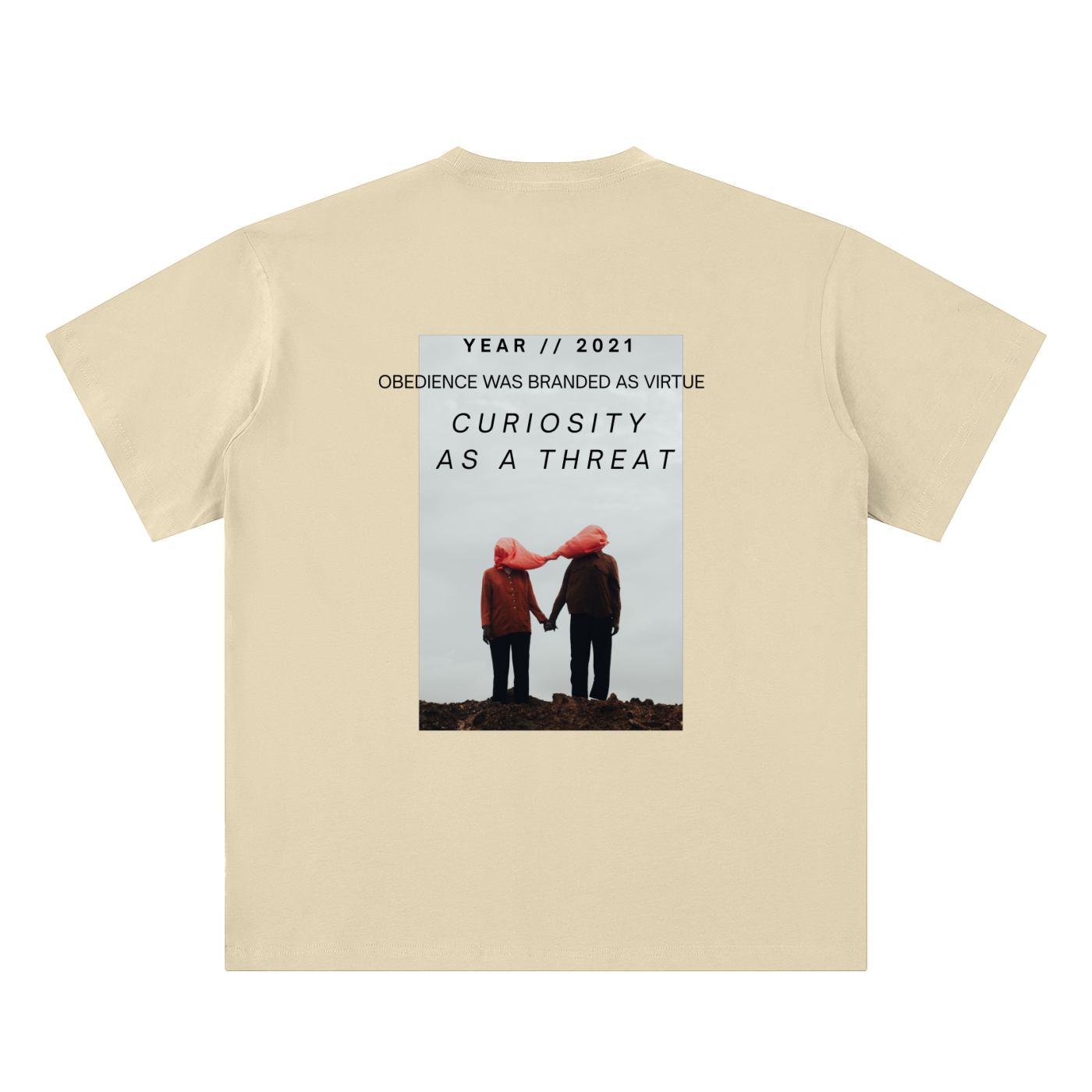 pandemic t-shirt back view in apricot featuring Year 2021 graphic with obedience and curiosity text