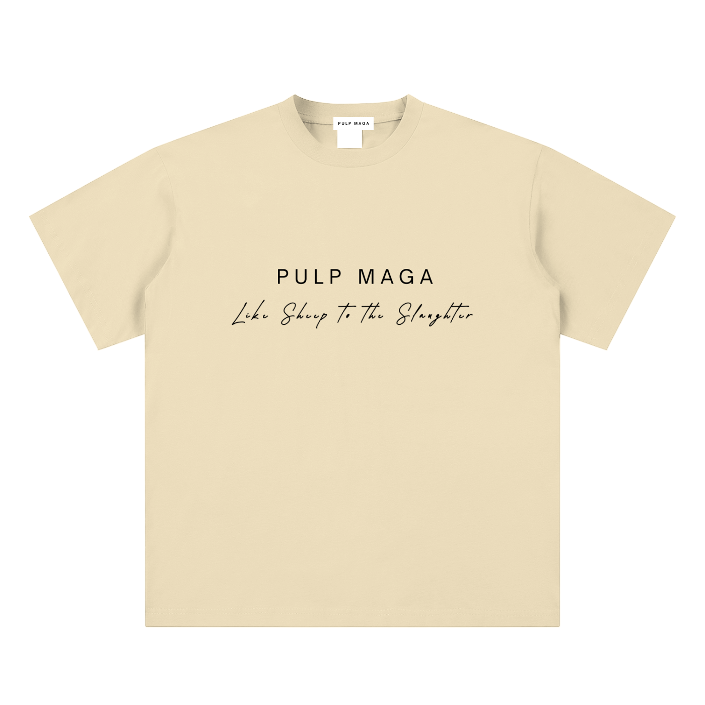 pandemic t-shirt front view in apricot with PULP MAGA text and Like sheep to the slaughter phrase on sueded cotton tee