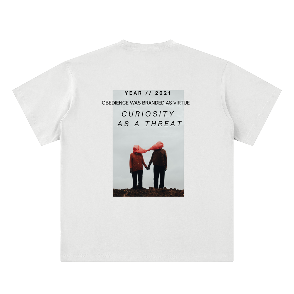 pandemic t-shirt back view in white featuring Year 2021 graphic with obedience and curiosity text