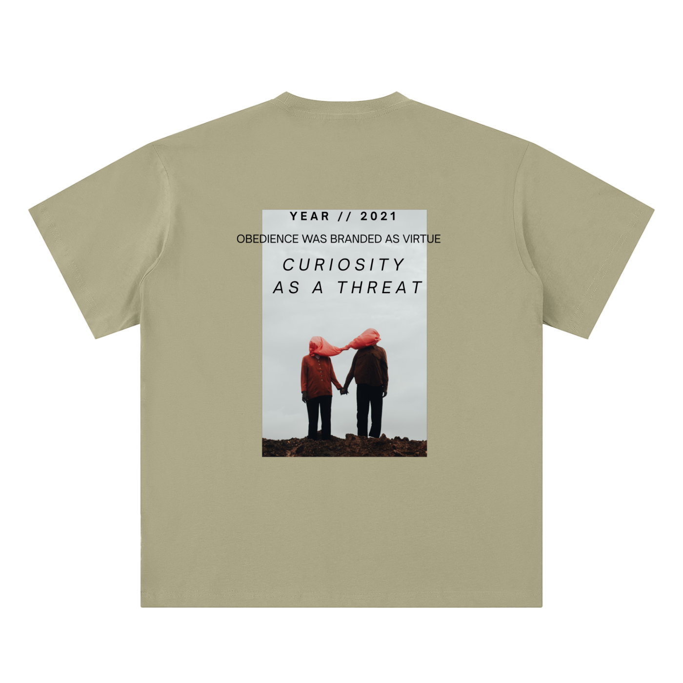 pandemic t-shirt back view in gray coffee featuring Year 2021 graphic with obedience and curiosity text