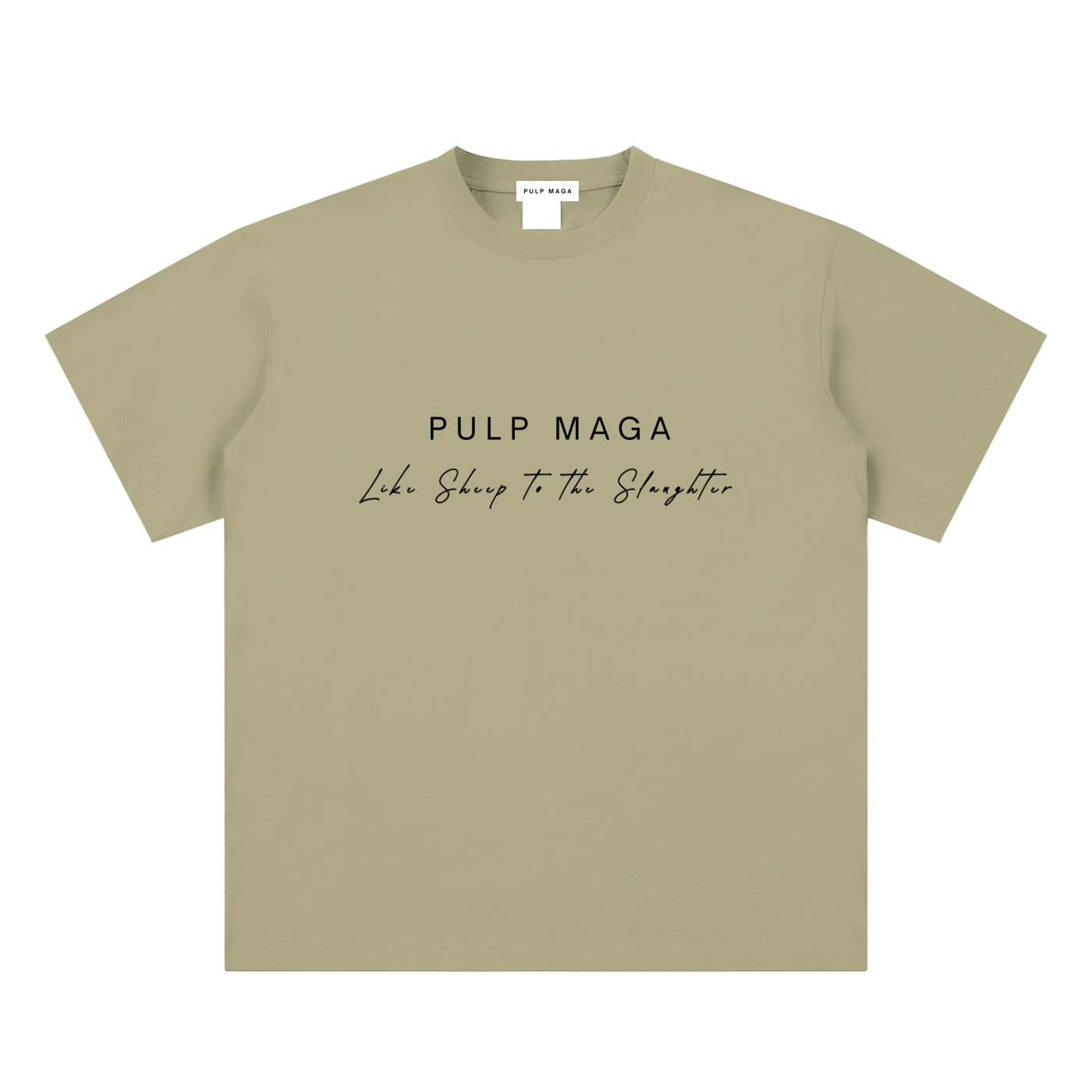 pandemic t-shirt front view in gray coffee with PULP MAGA text and Like sheep to the slaughter phrase on sueded cotton tee