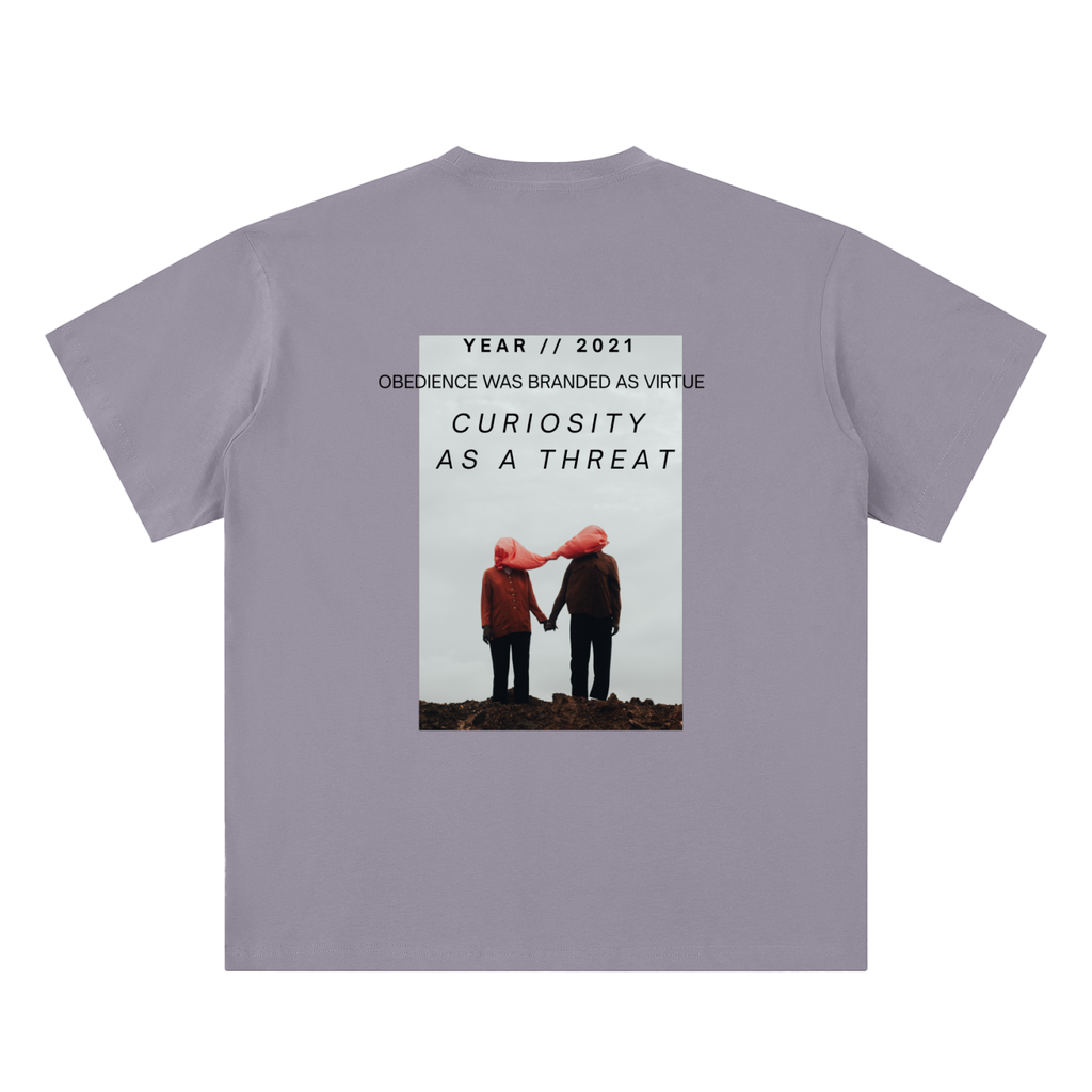 pandemic t-shirt back view in gray purple featuring Year 2021 graphic with obedience and curiosity text