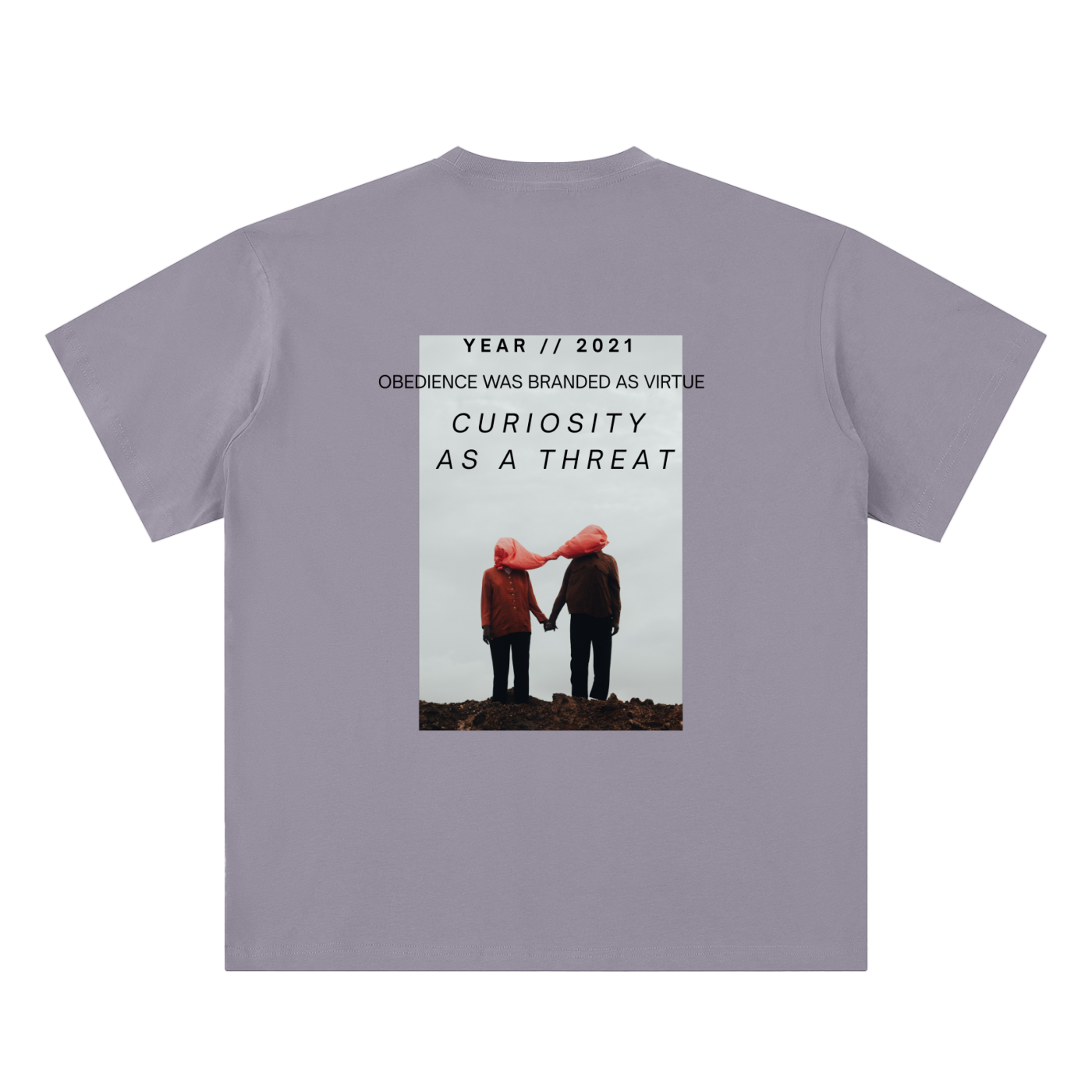pandemic t-shirt back view in gray purple featuring Year 2021 graphic with obedience and curiosity text