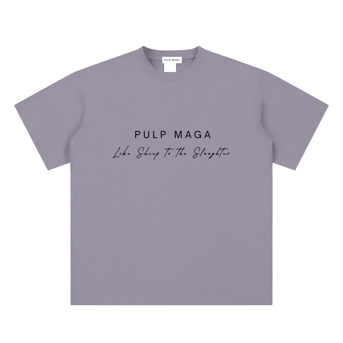 pandemic t-shirt front view in gray purple with PULP MAGA text and Like sheep to the slaughter phrase on sueded cotton tee