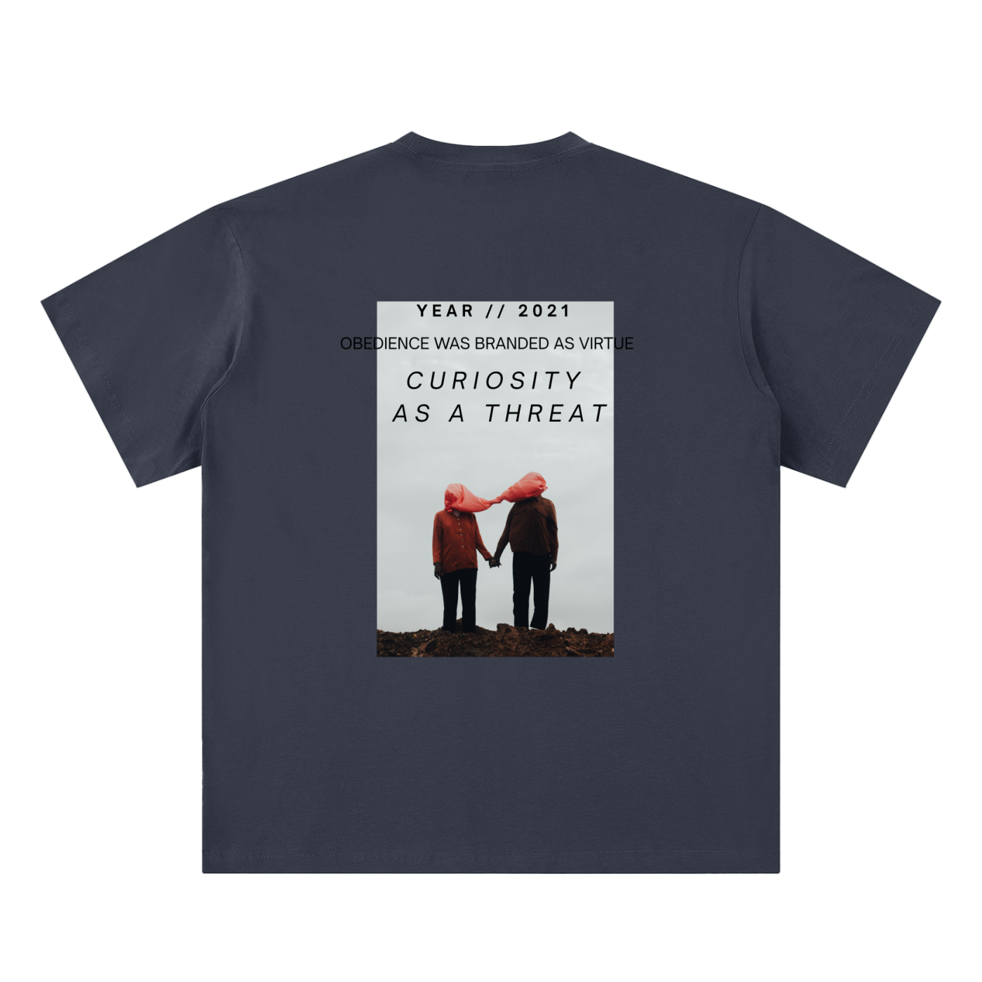 pandemic t-shirt back view in navy blue featuring Year 2021 graphic with obedience and curiosity text