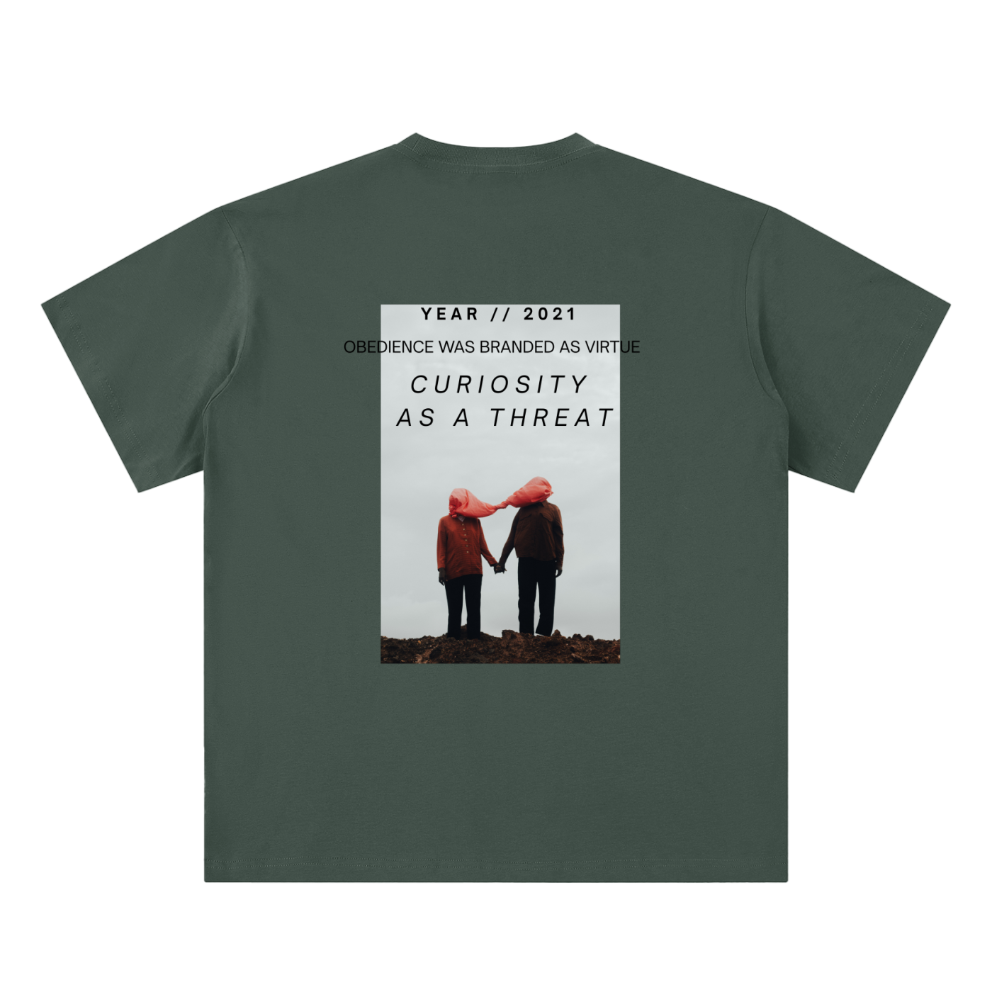 pandemic t-shirt back view in green featuring Year 2021 graphic with obedience and curiosity text