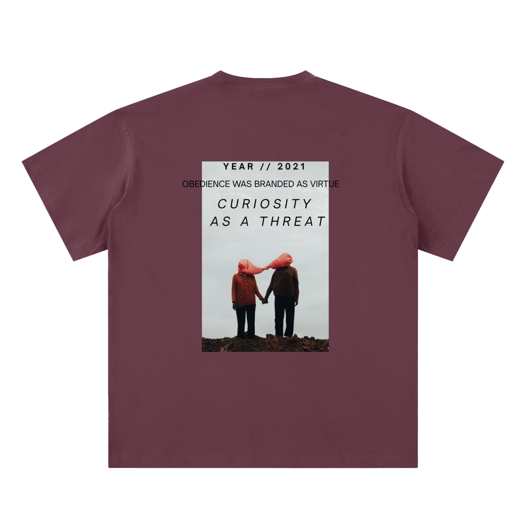 pandemic t-shirt back view in plum purple featuring Year 2021 graphic with obedience and curiosity text