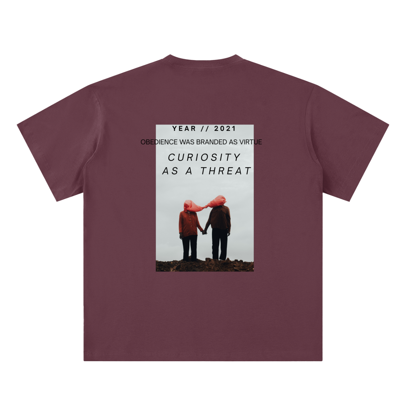 pandemic t-shirt back view in plum purple featuring Year 2021 graphic with obedience and curiosity text