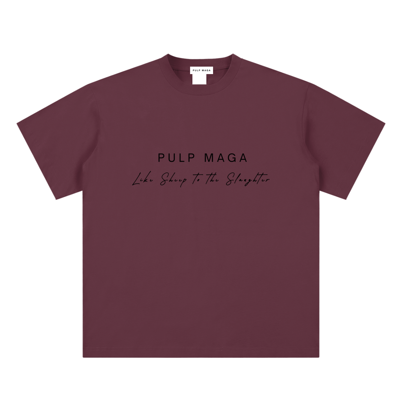 pandemic t-shirt front view in plum purple with PULP MAGA text and Like sheep to the slaughter phrase on sueded cotton tee