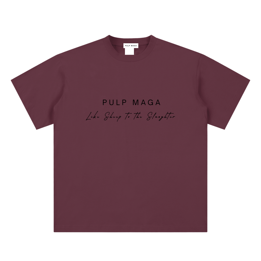 pandemic t-shirt front view in plum purple with PULP MAGA text and Like sheep to the slaughter phrase on sueded cotton tee