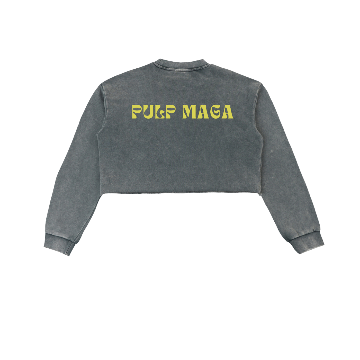 washed black women cropped sweater with retro print pulp maga logo - grindhouses style