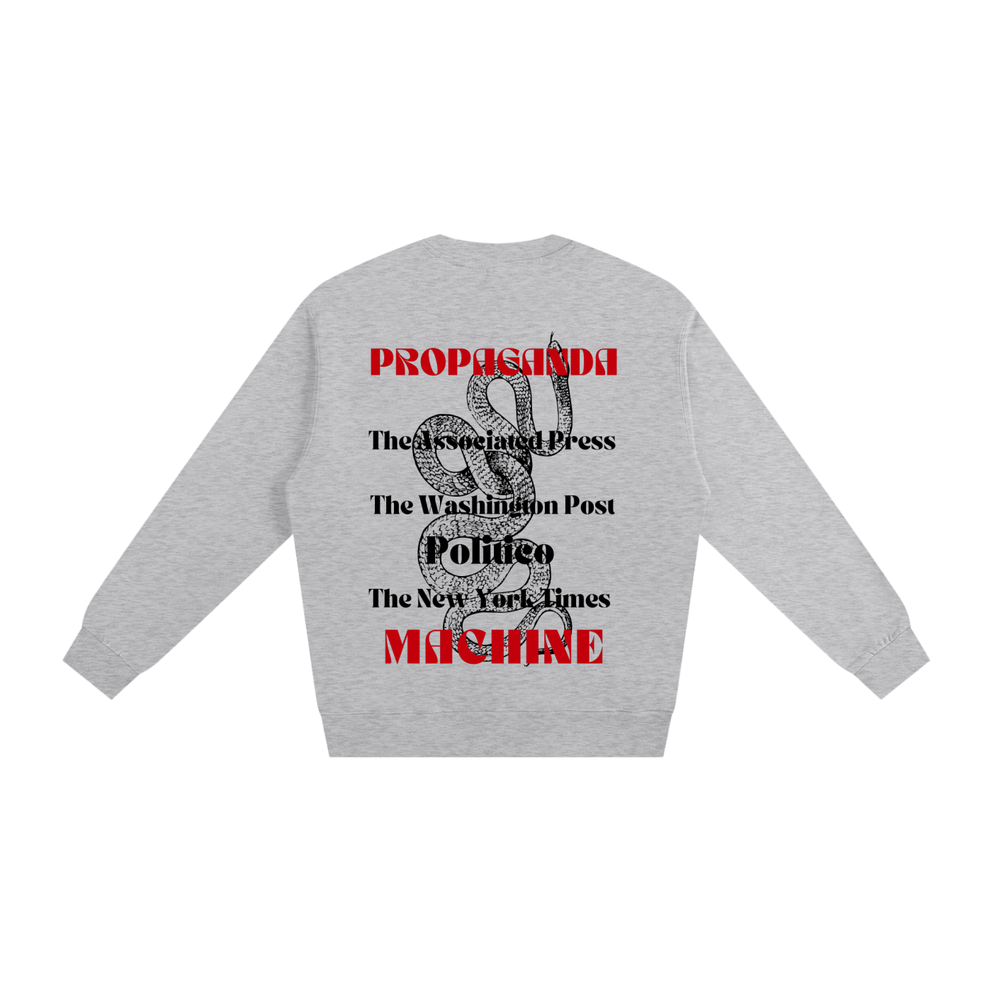 Propaganda Machine graphic with media outlets stacked in black and red on gray sweatshirt