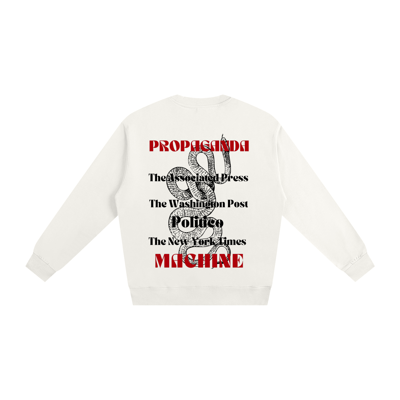 Propaganda Machine graphic with media outlets stacked in black and red on white sweatshirt