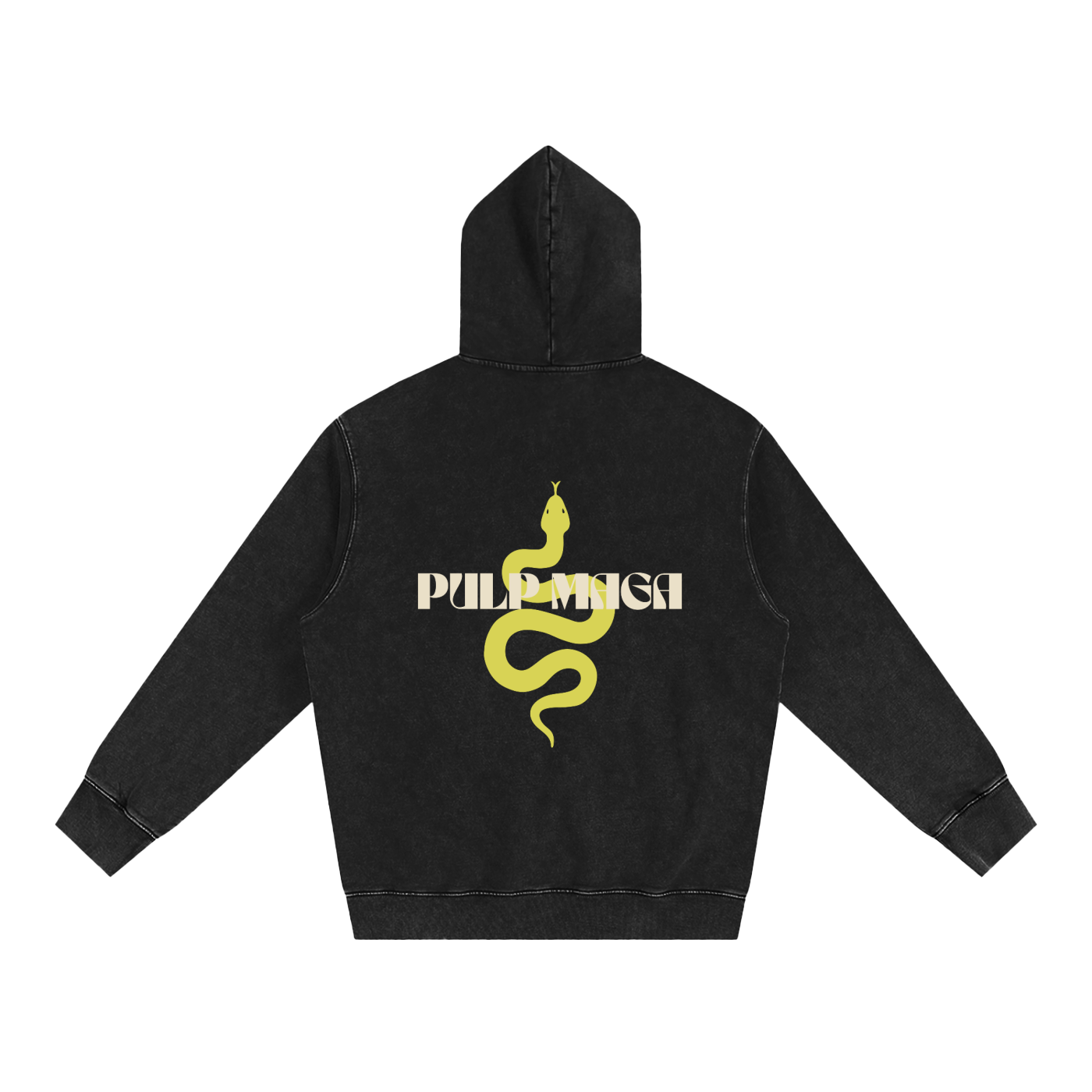 PULP MAGA snake logo across back of snow-washed hoodie