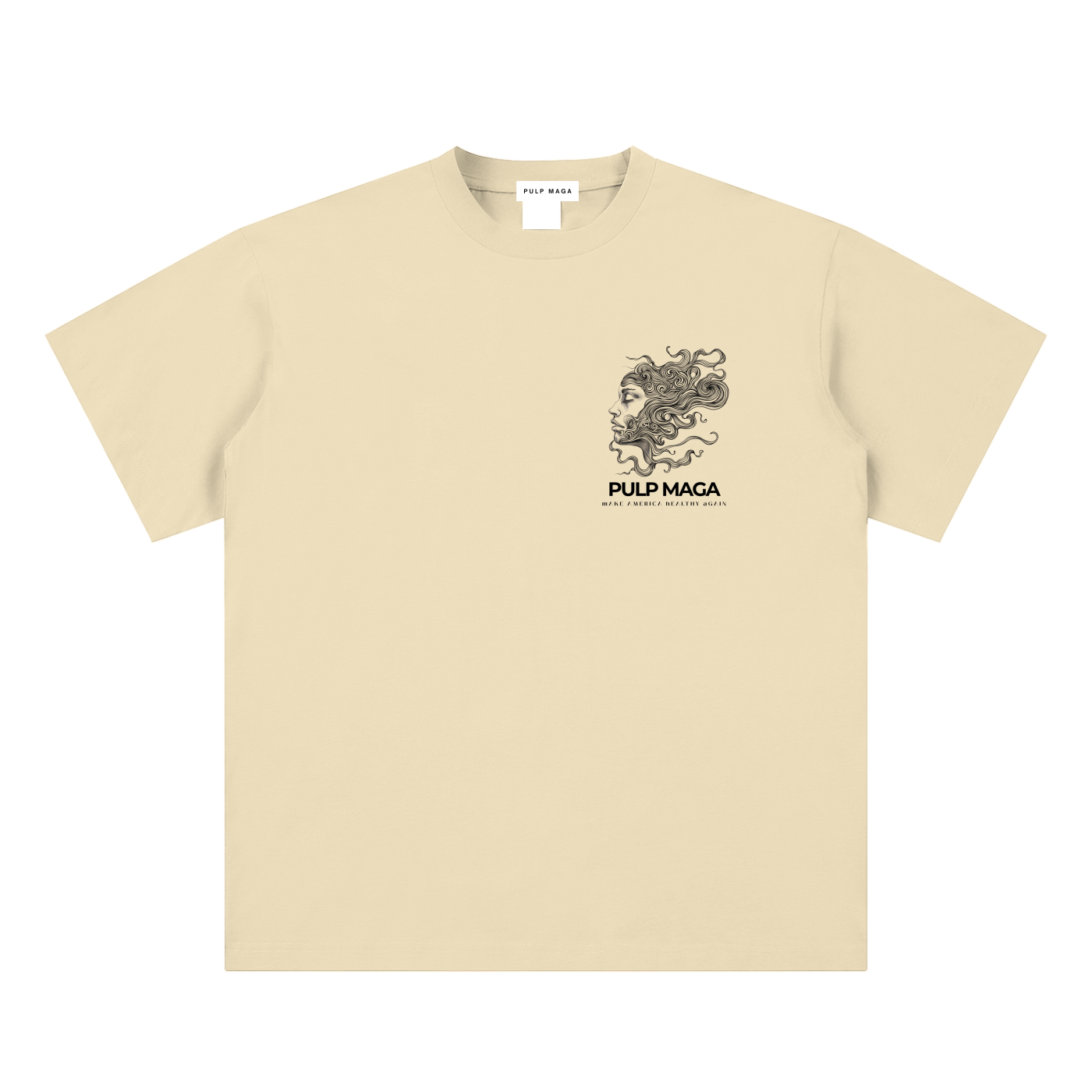 raw milk t-shirt front view in apricot featuring Pulp Maga Essentia emblem on sueded cotton tee