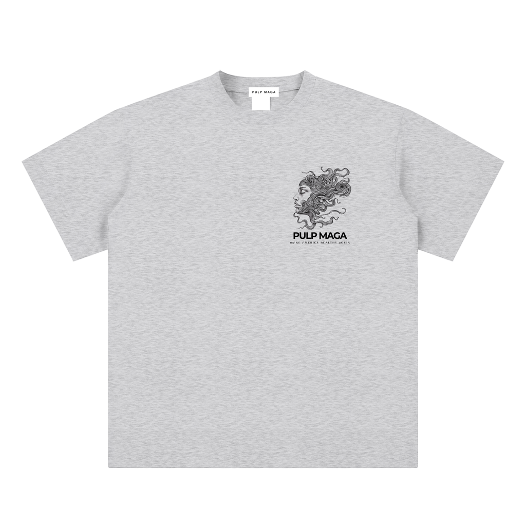 raw milk t-shirt front view in flower gray featuring Pulp Maga Essentia emblem on sueded cotton tee