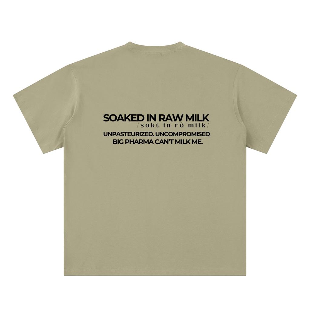 raw milk t-shirt back view in gray coffee with Big Pharma Can’t Milk Me text on sueded cotton tee