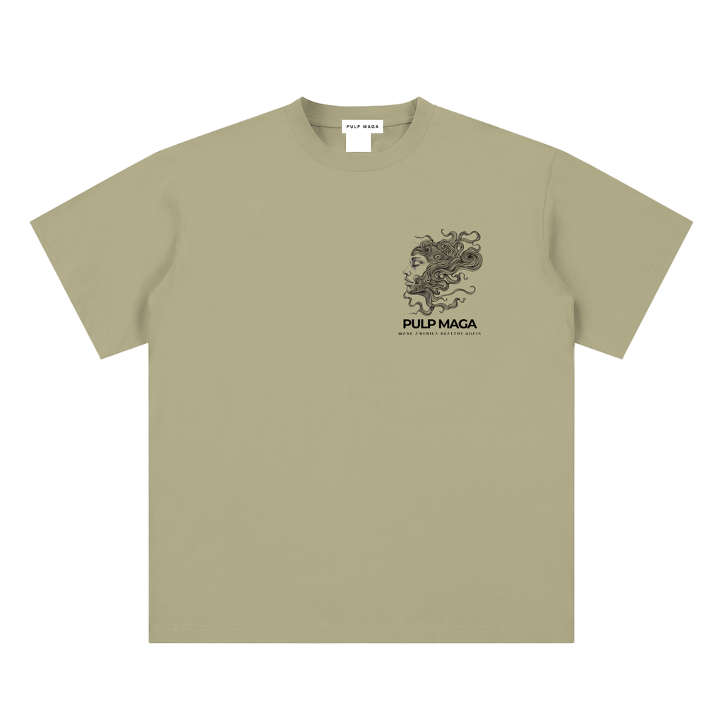 raw milk t-shirt front view in gray coffee featuring Pulp Maga Essentia emblem on sueded cotton tee