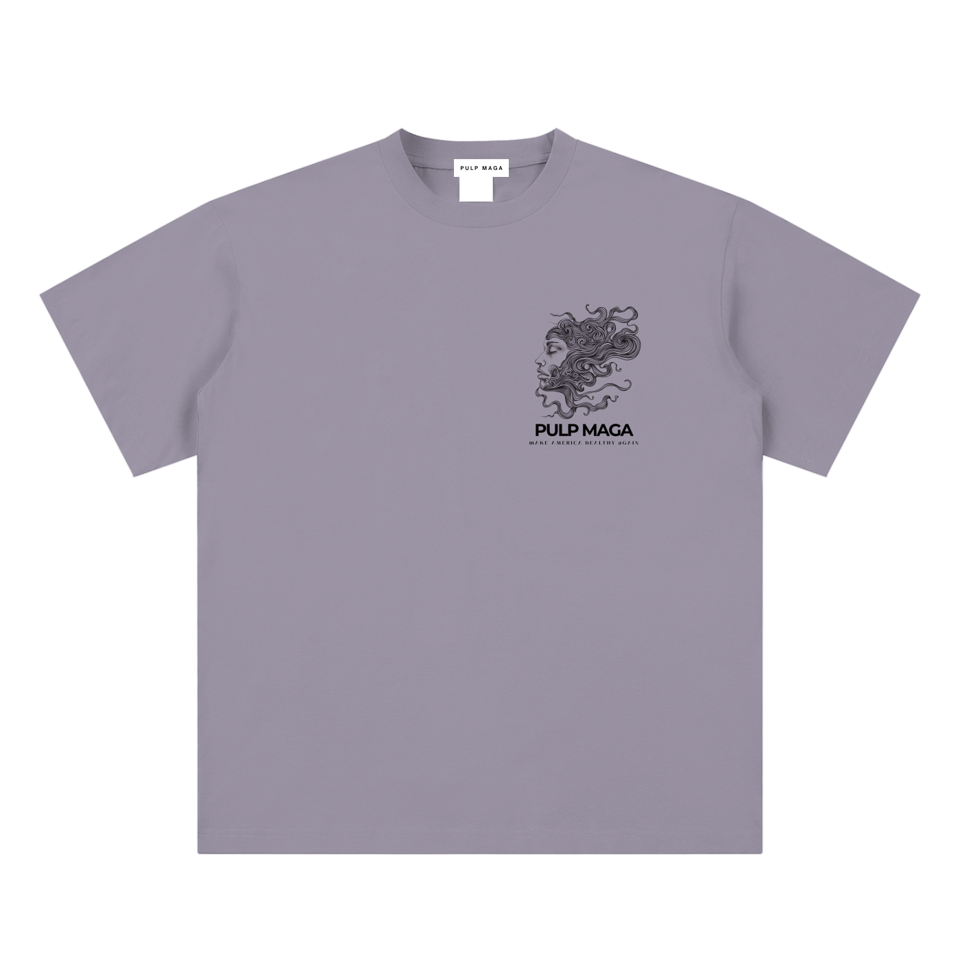 raw milk t-shirt front view in gray purple featuring Pulp Maga Essentia emblem on sueded cotton tee