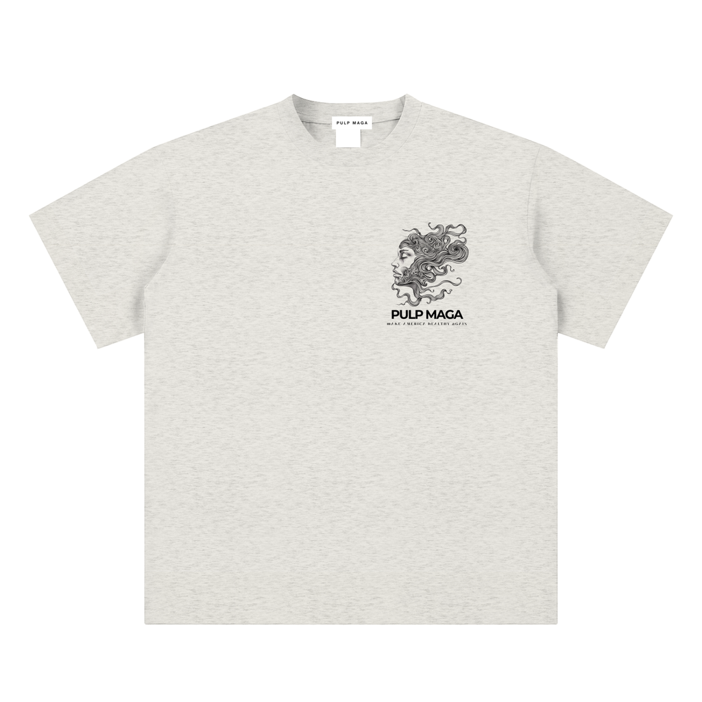 raw milk t-shirt front view in oat gray featuring Pulp Maga Essentia emblem on sueded cotton tee