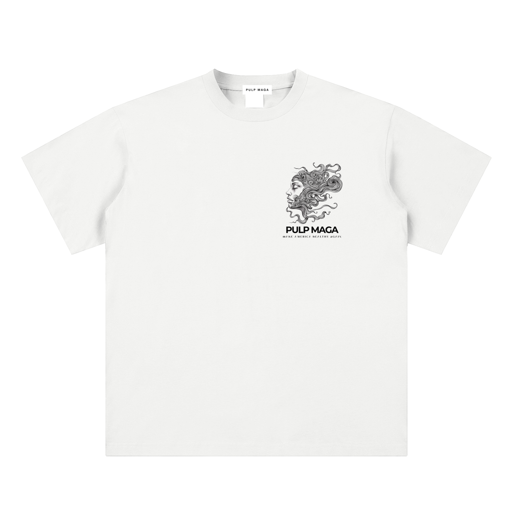 raw milk t-shirt front view in white featuring Pulp Maga Essentia emblem on sueded cotton tee