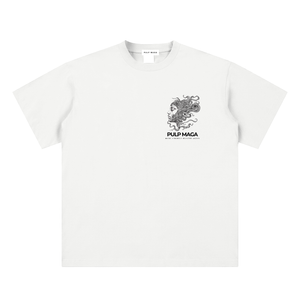 raw milk t-shirt front view in white featuring Pulp Maga Essentia emblem on sueded cotton tee