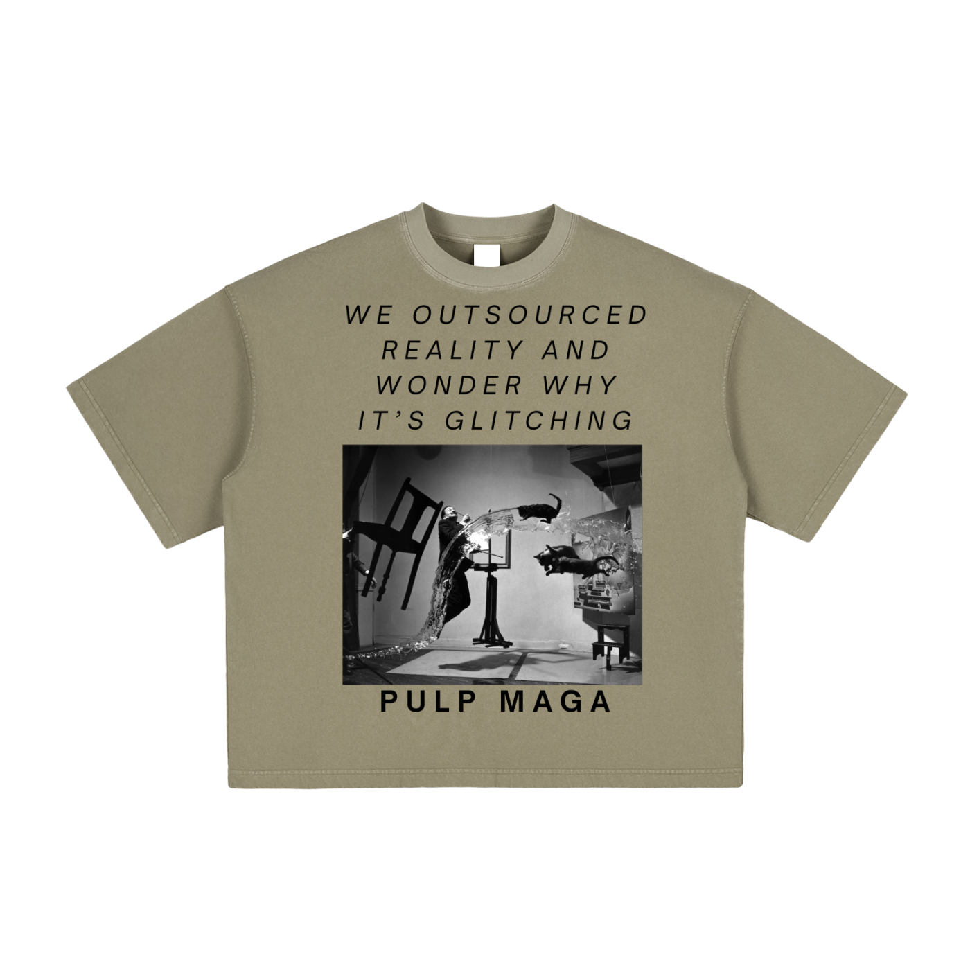 modern green t-shirt with psychedelic dali art print in black in white with ai futuristic message slogan