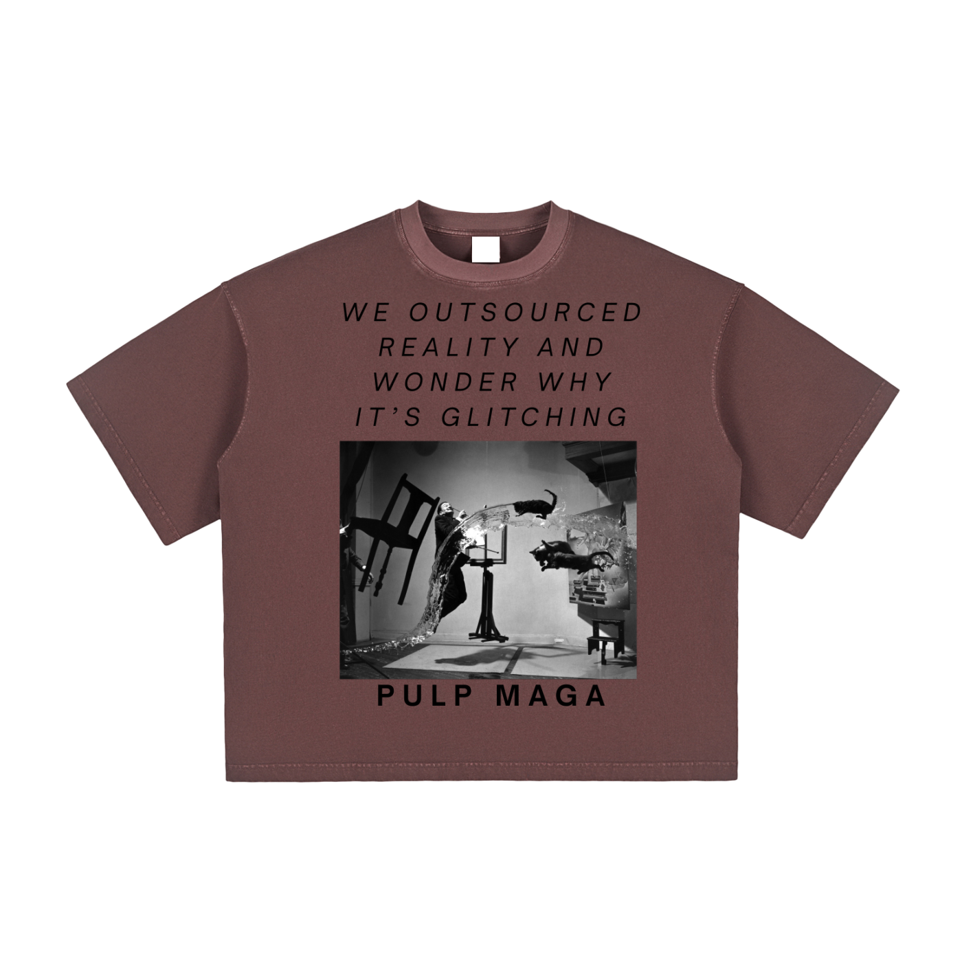 trippy political t-shirt in modern purple with "we outsourced reality and wonder why it's glitching text" by maga with salvador dali surreal art pint