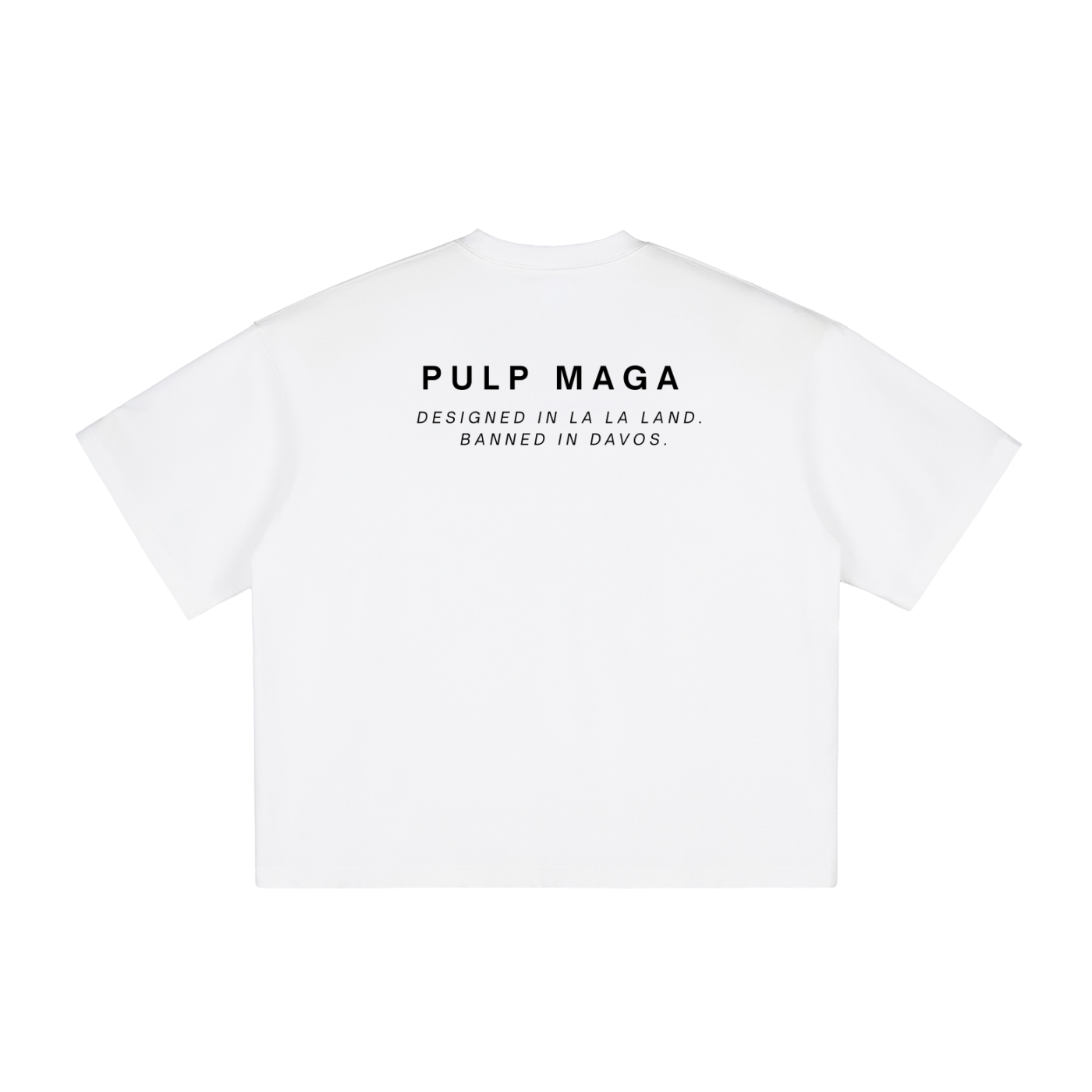 white signature pulp maga t-shirt with black text in ultra premium cotton