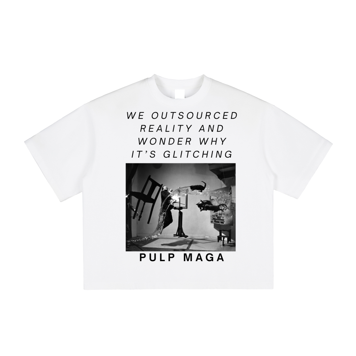 white graphic shirt with trippy salvadore dali surreal print with AI message 'we outsurced reality and wonder why it's glitching' in black and white