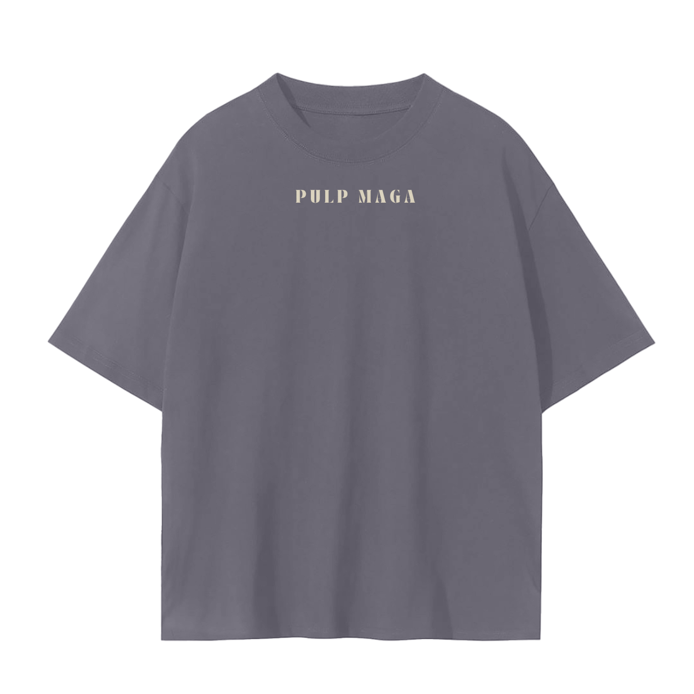 fashion forward gray political shirt in vogue font with cream 'pulp maga' words