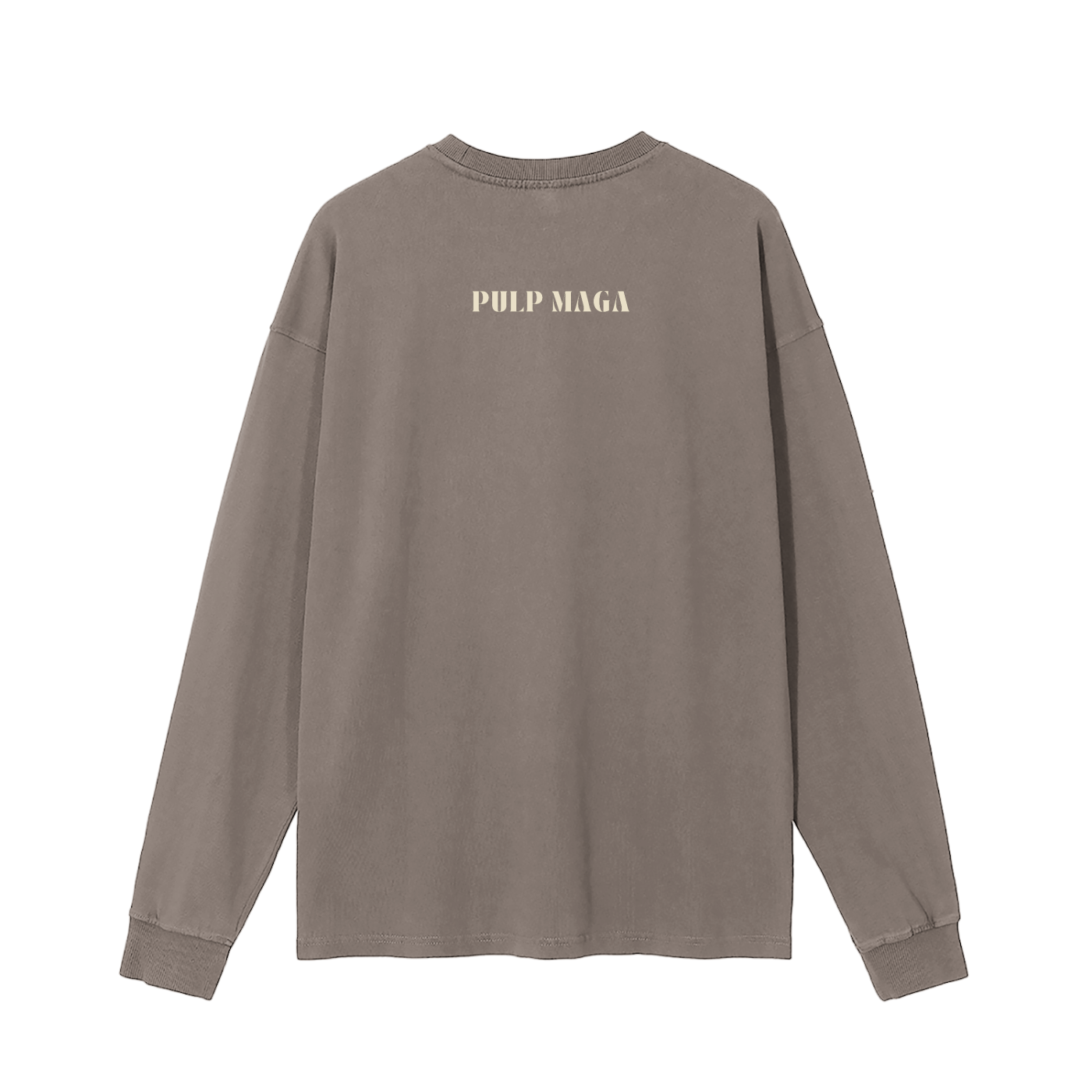 Brown long-sleeve shirt with 'PULP MAGA' text on the back against an earth tone background