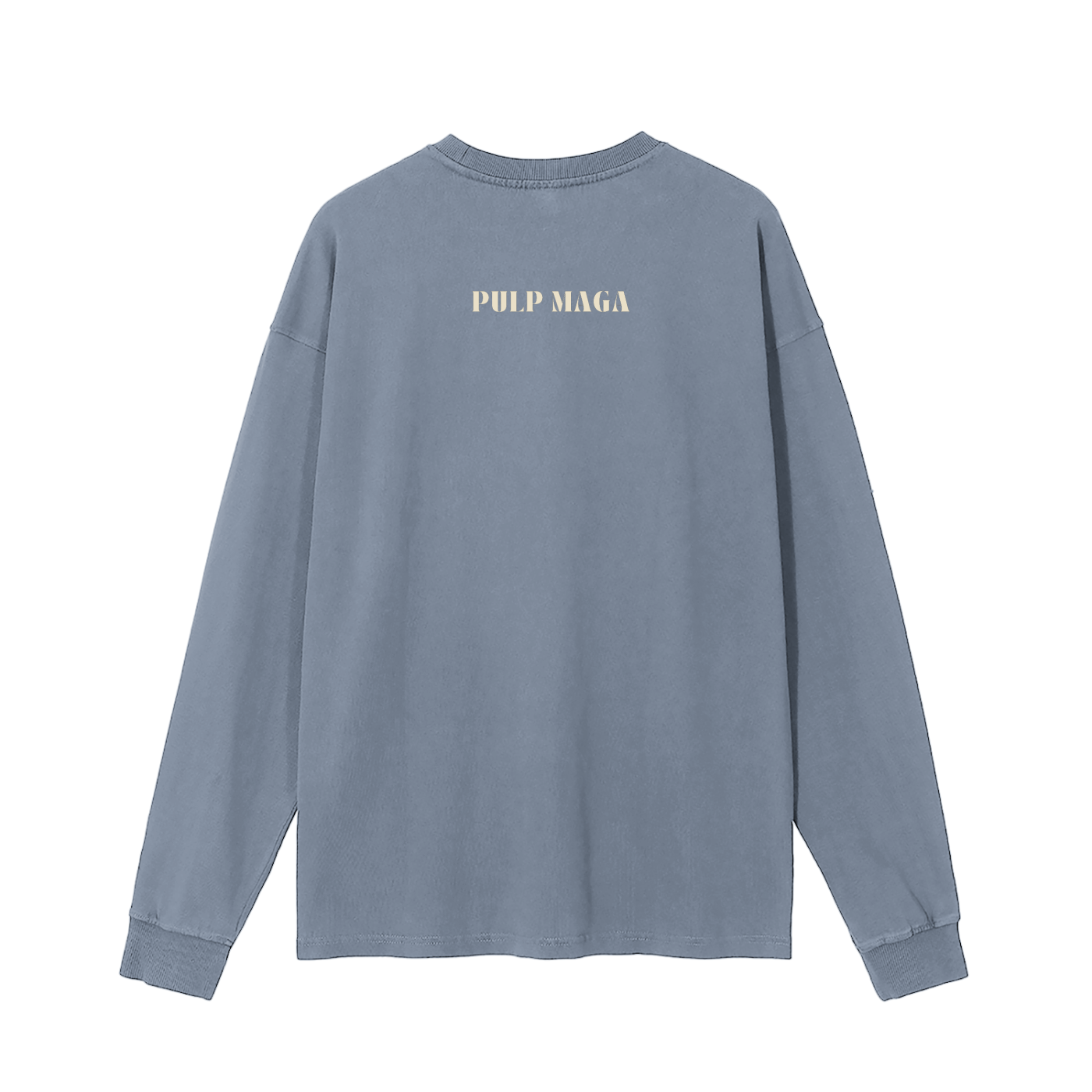 quiet luxury vintage washed long sleeve with understated pulp maga text in cream