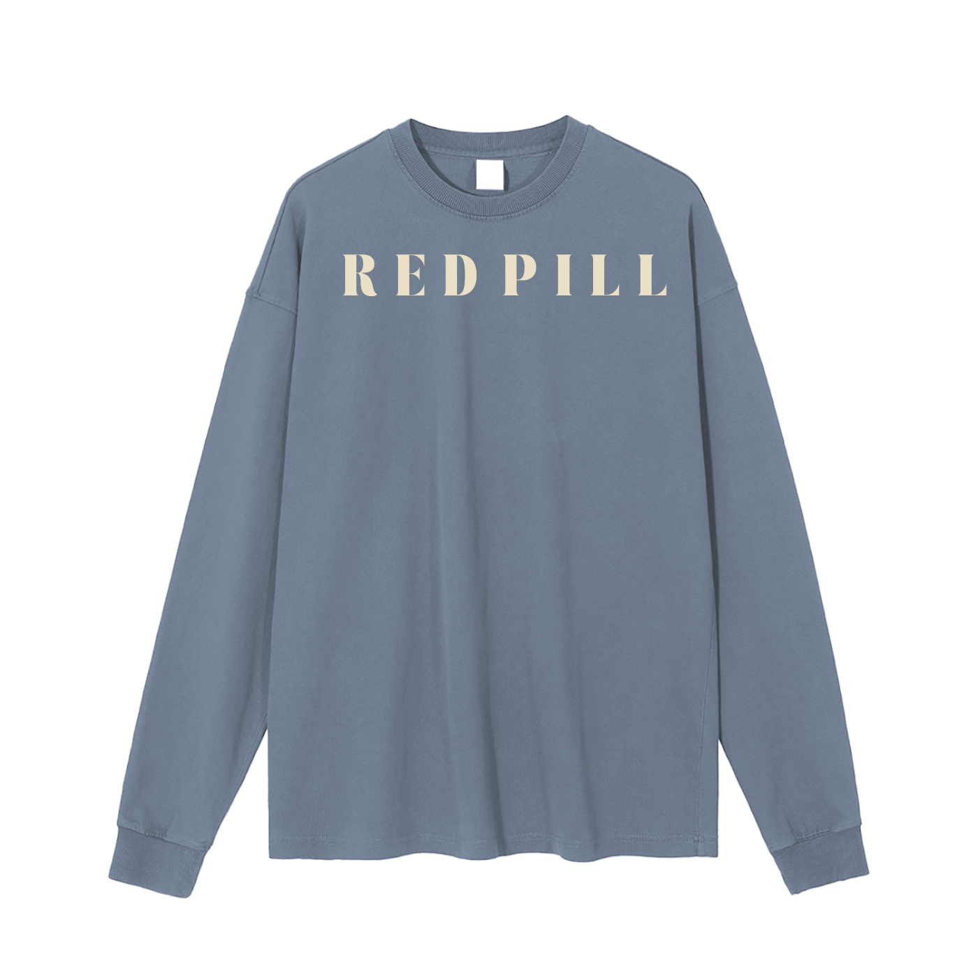 oversized t-shirt with quiet 'red pill' text on light blue background