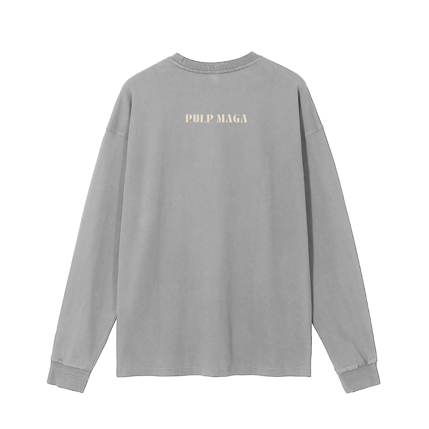 light gray minimal streetwear tee with pulp maga text in fear of god aesthetic 